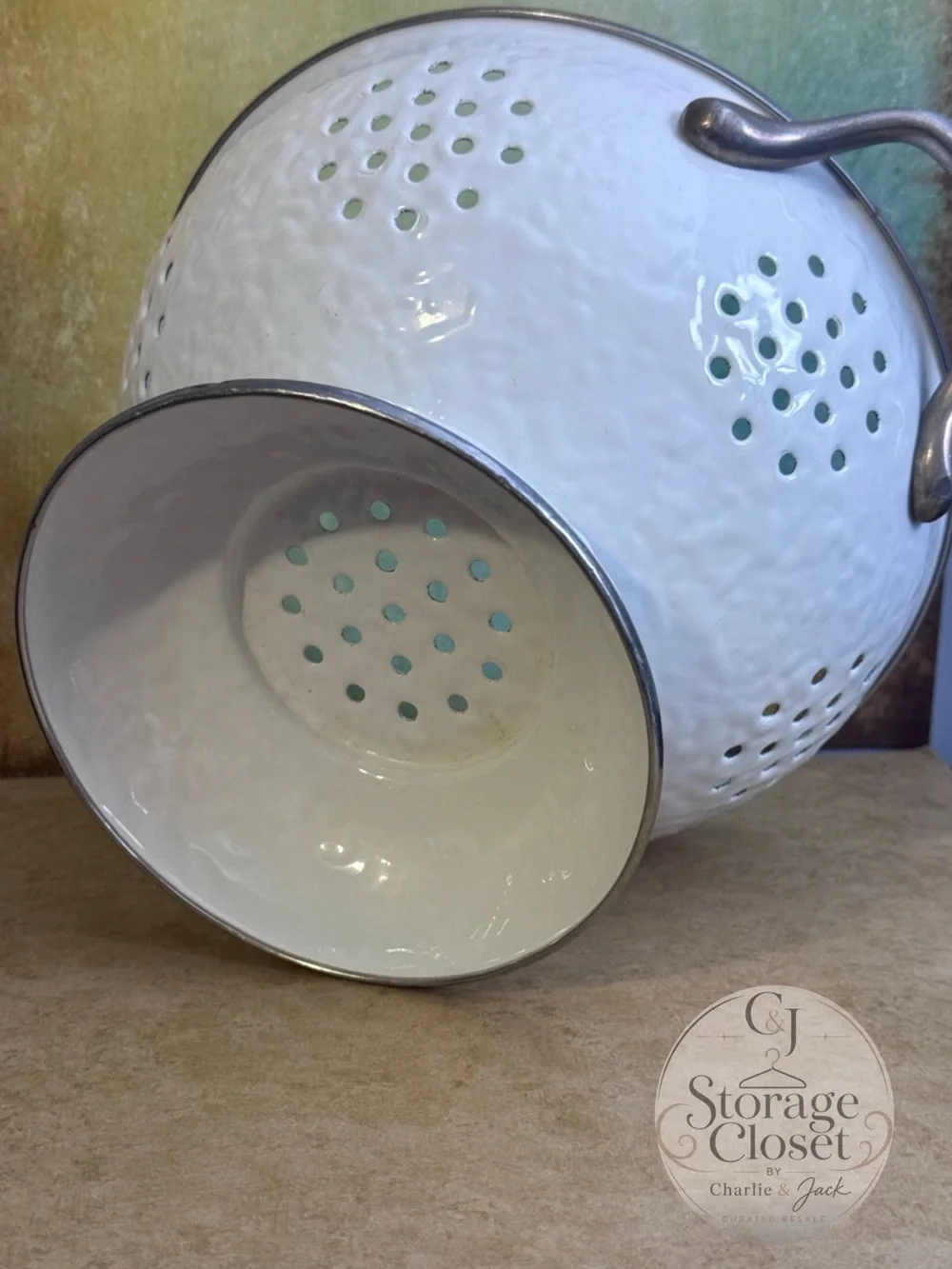 White Enamel Colander with Pedestal and Handles - Rustic Kitchen Strainer